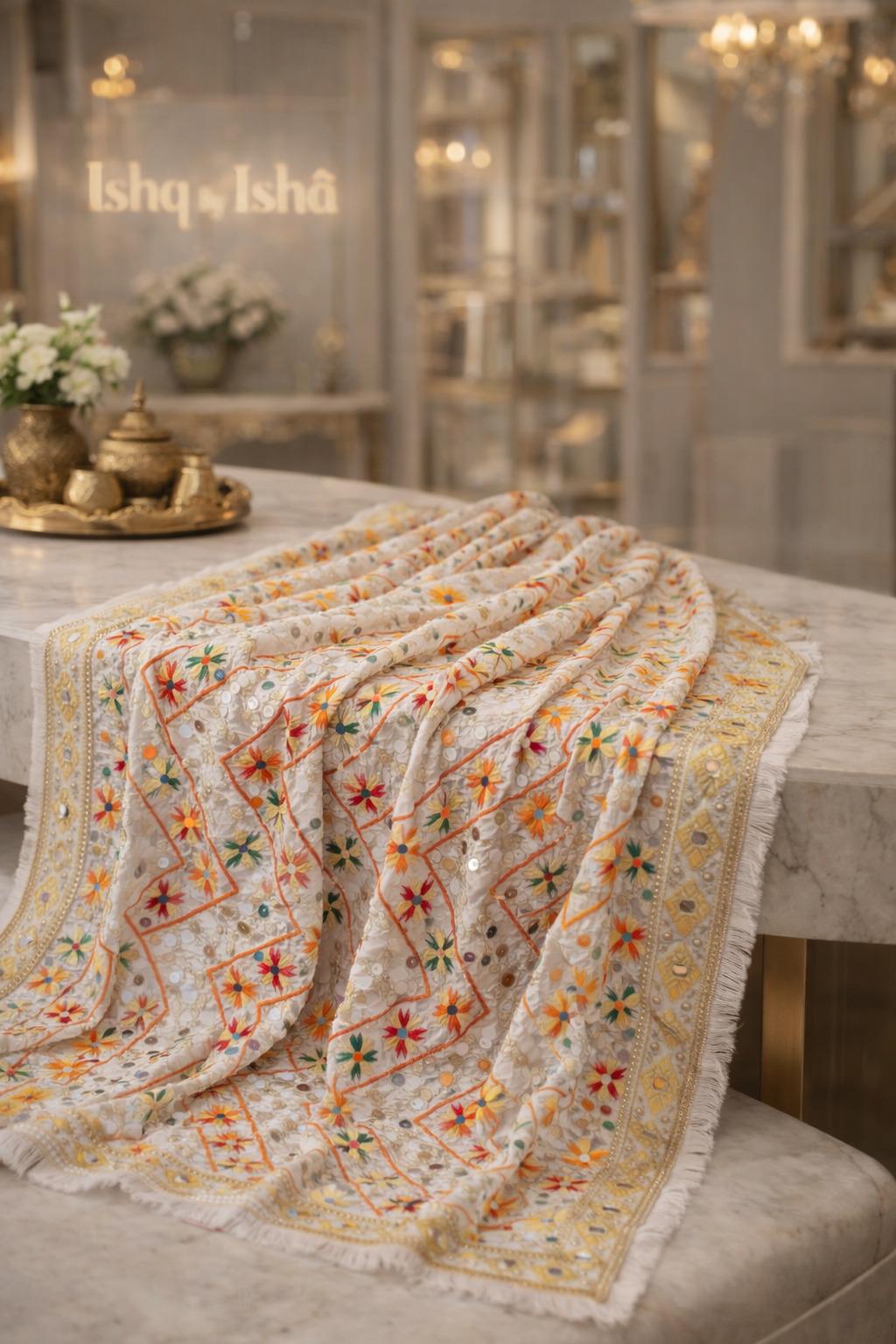 Handmade , Handwoven , Elegant vibrant & Authentic white Multicolour Phulkari Dupatta / Indian Scarf. Hand embroidered .