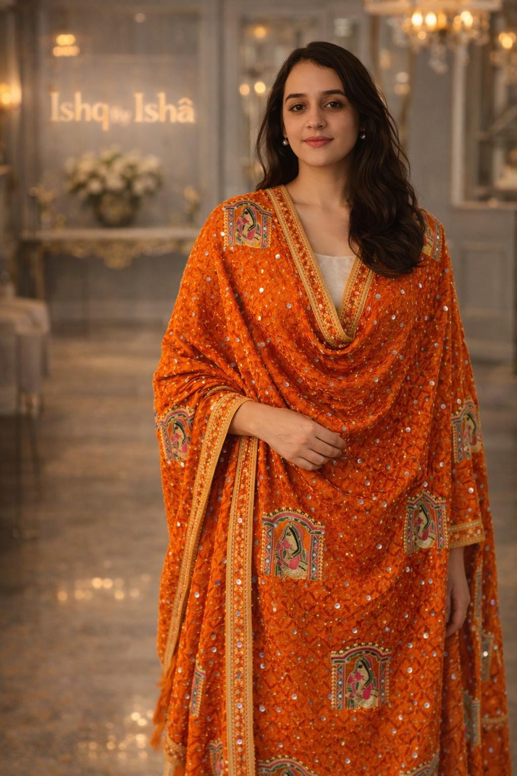 Handmade , Handwoven , Elegant vibrant & Authentic Orange Phulkari Dupatta / Indian Scarf. Hand embroidered .
