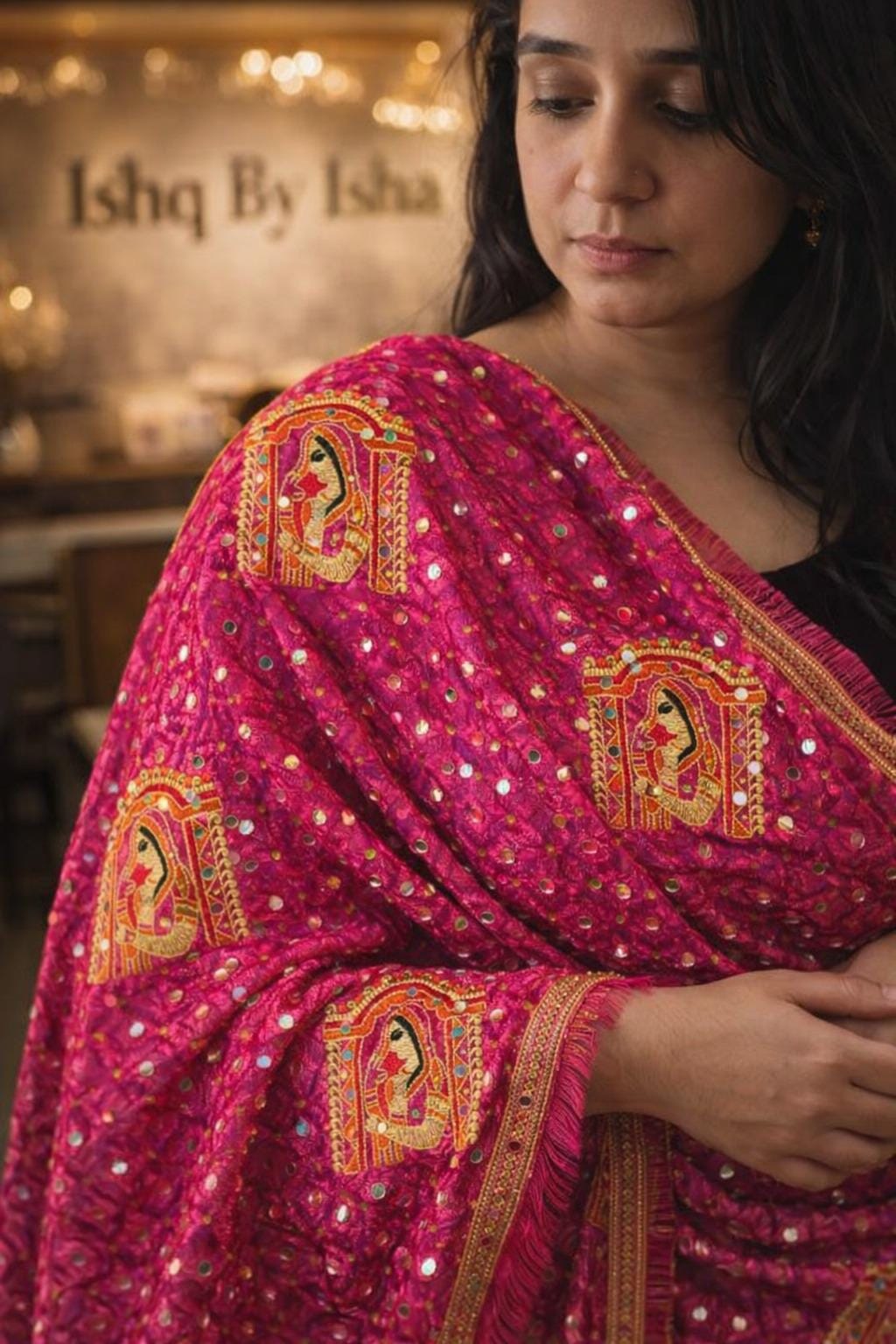 Handmade , Handwoven , Elegant vibrant & Authentic Pink Phulkari Dupatta / Indian Scarf. Hand embroidered .