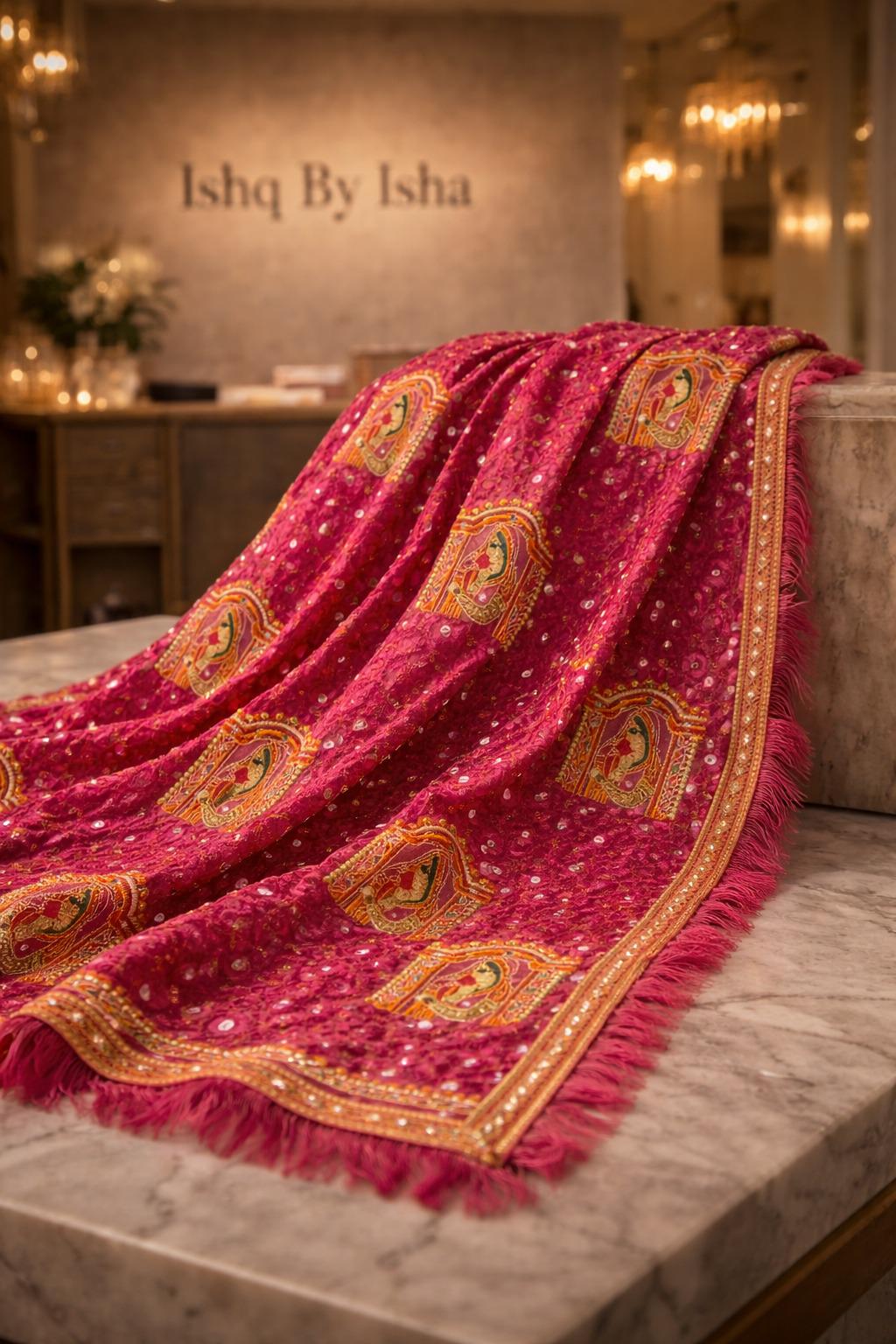 Handmade , Handwoven , Elegant vibrant & Authentic Pink Phulkari Dupatta / Indian Scarf. Hand embroidered .