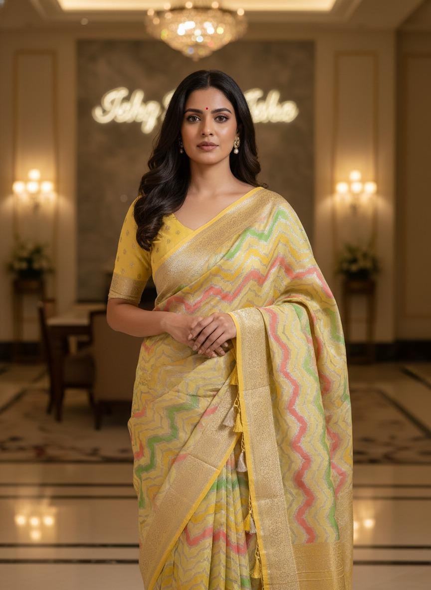 Handmade Khadi Georgette Banarasi Silk Saree - Yellow Green