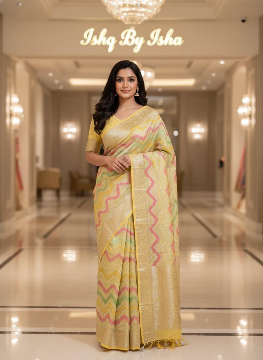 Handmade Khadi Georgette Banarasi Silk Saree - Yellow Green