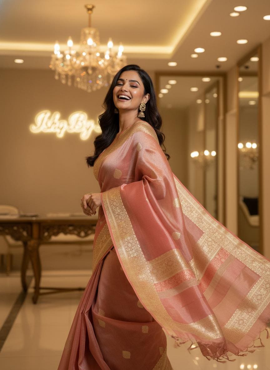 Rusty orange Tissue Banarasi Saree – Handwoven Elegance | Ishq by Isha