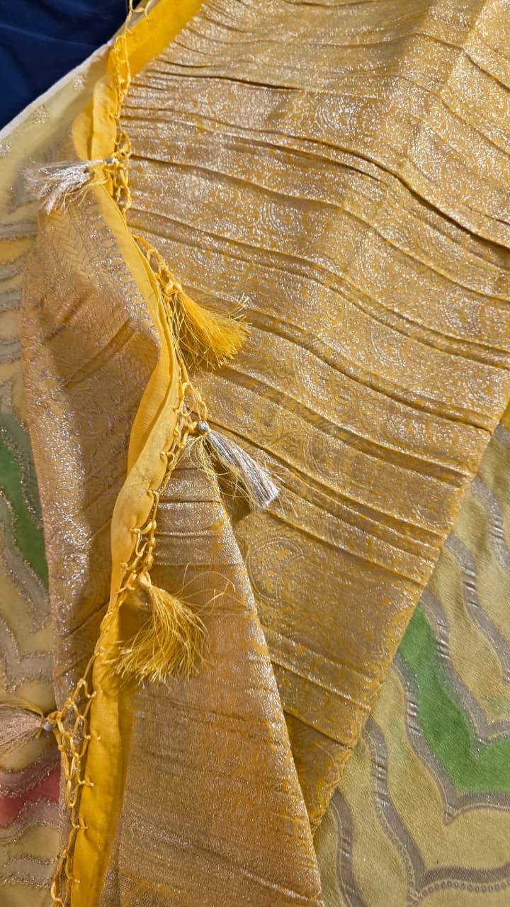 Handmade Khadi Georgette Banarasi Silk Saree - Yellow Green
