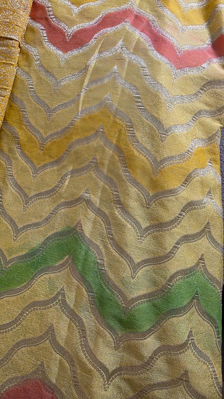 Handmade Khadi Georgette Banarasi Silk Saree - Yellow Green