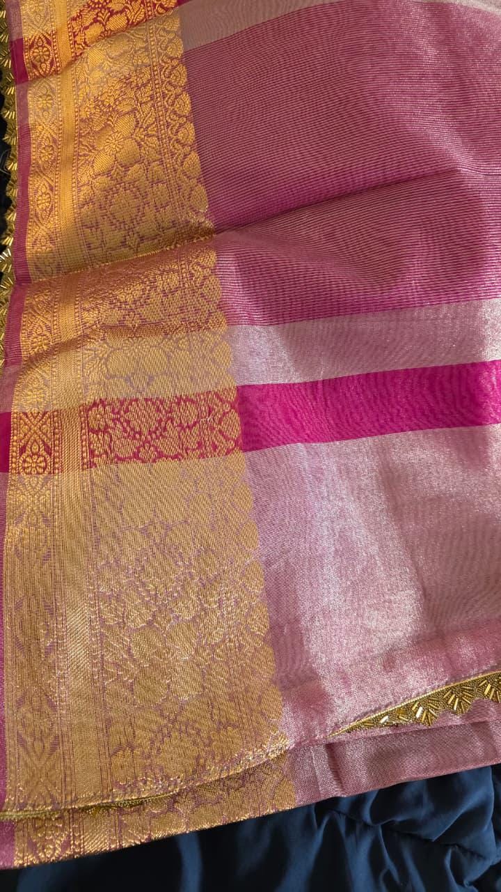 Pink golden Tissue Banarasi Saree – Handwoven Elegance | Ishq by Isha