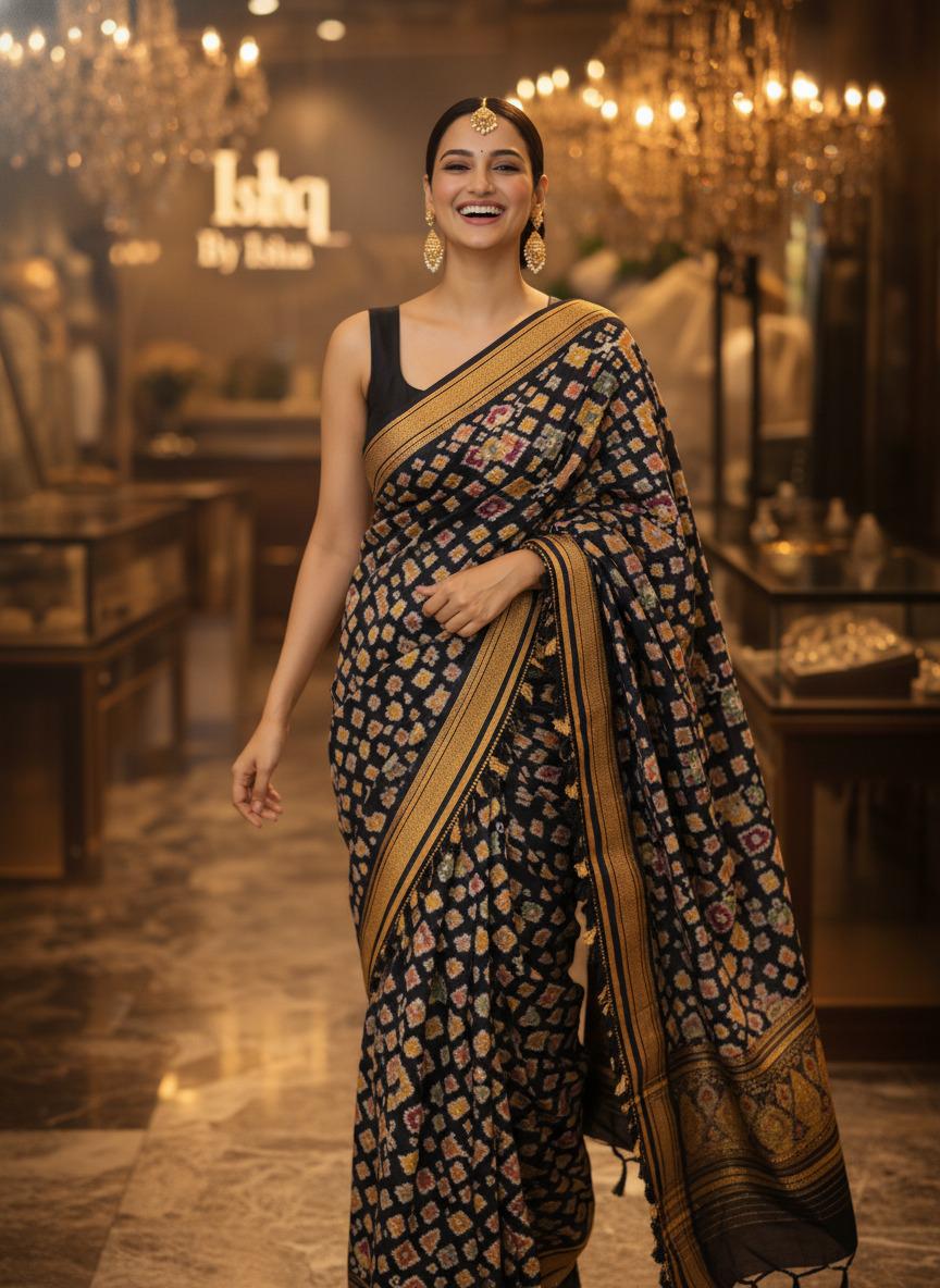 Exquisite Black patola Banarasi Saree Handwoven Elegance. Fall and Pico done