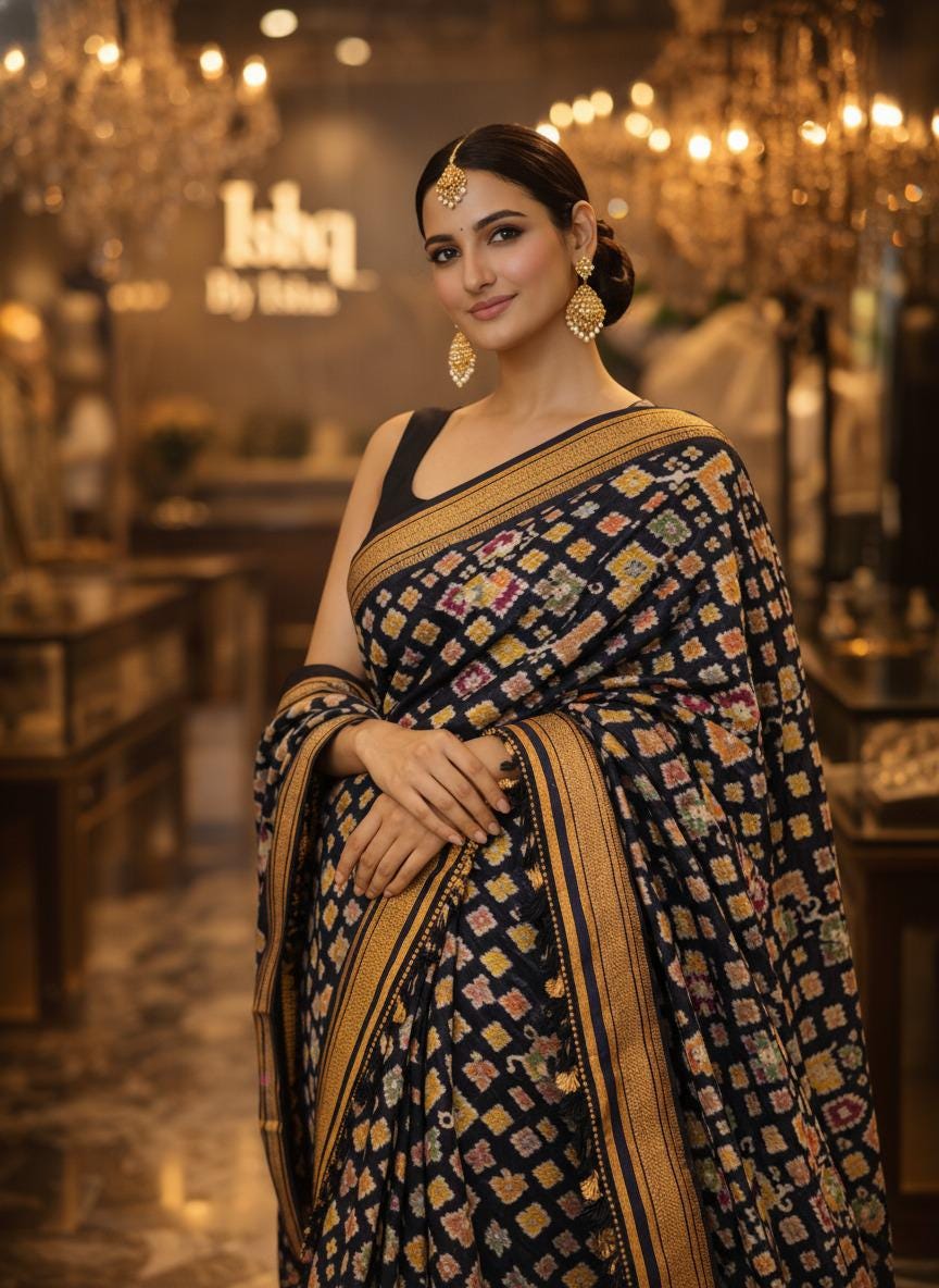 Exquisite Black patola Banarasi Saree Handwoven Elegance. Fall and Pico done