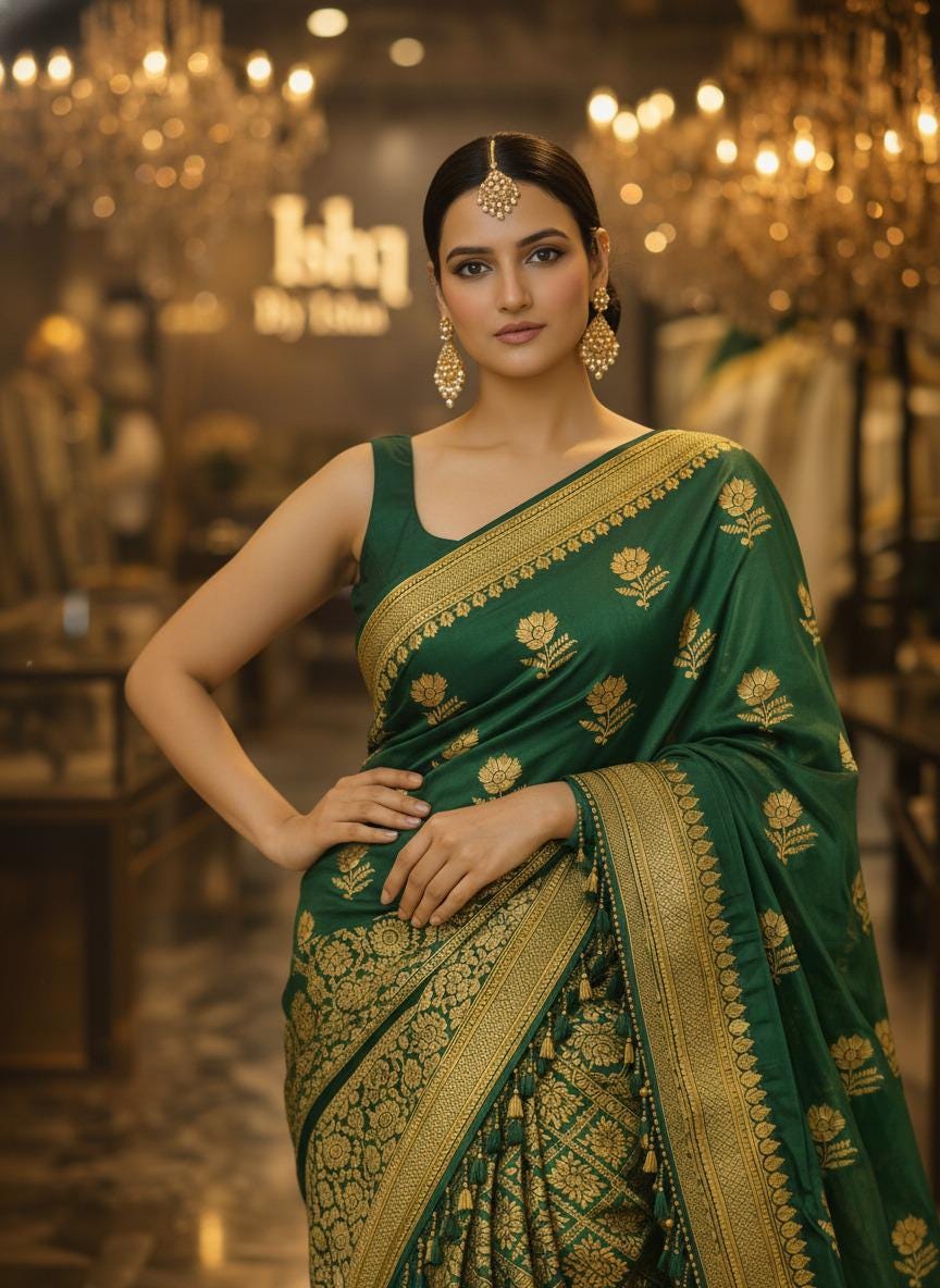 Exquisite green Silk Banarasi Saree Handwoven Elegance. Fall and Pico done