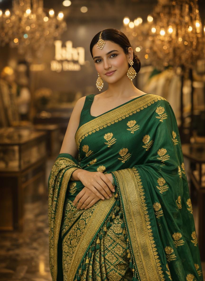 Exquisite green Silk Banarasi Saree Handwoven Elegance. Fall and Pico done