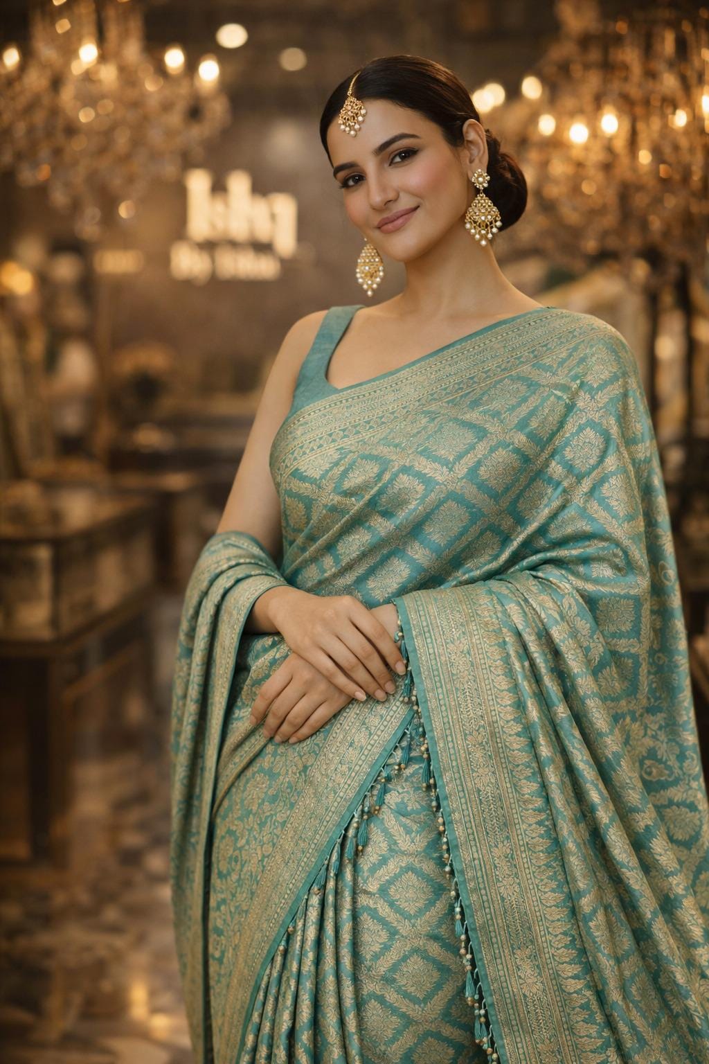 Exquisite green Silk Banarasi Saree Handwoven Elegance. Fall and Pico done