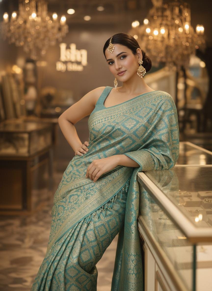 Exquisite green Silk Banarasi Saree Handwoven Elegance. Fall and Pico done