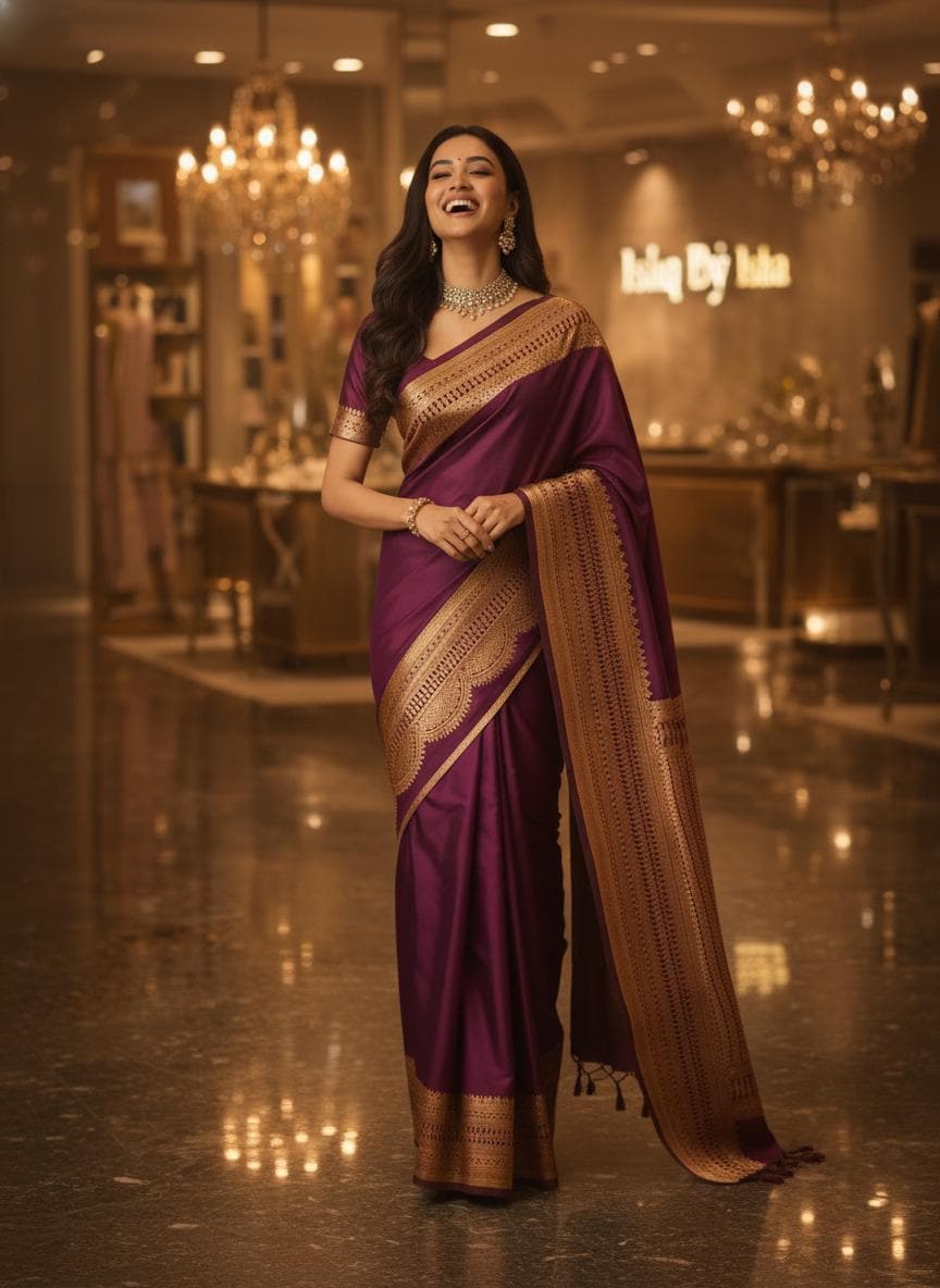 Exquisite Purple Banarasi Saree Handwoven Elegance. Fall and Pico done