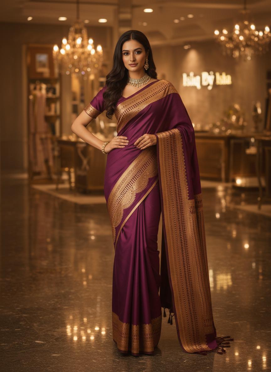 Exquisite Purple Banarasi Saree Handwoven Elegance. Fall and Pico done