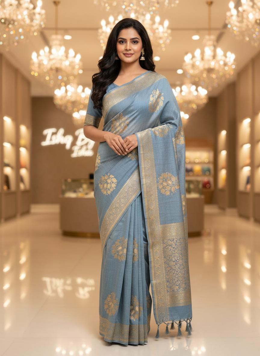 Greyish Blue Banarasi Saree