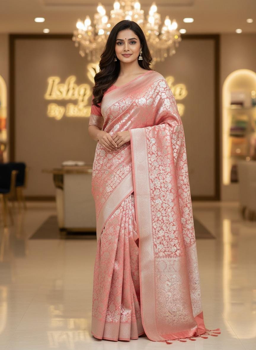 Handwoven Banarasi Saree | Orange Zari Weave, Wedding Festive Wear