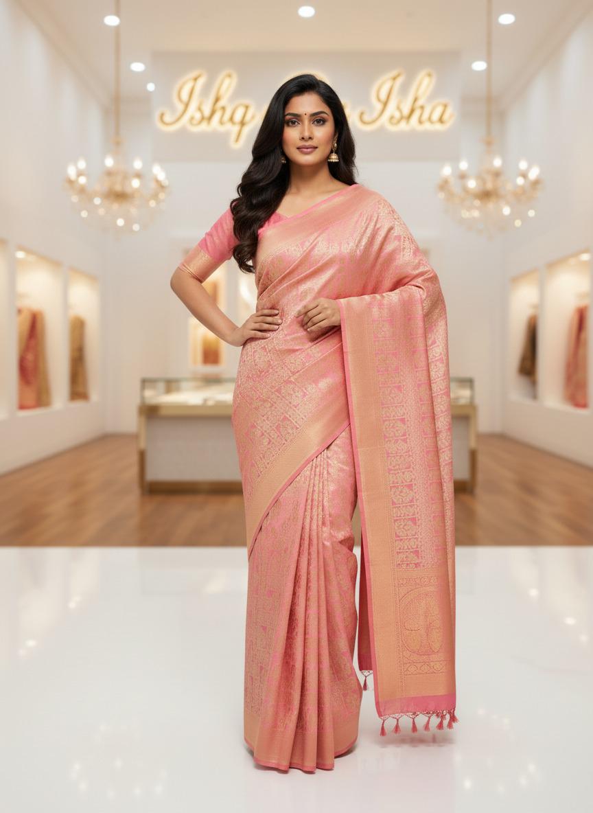 Dazzling Hot peach Pink Banarasi Silk Saree with Golden Zari Border: Elevate Your Elegance