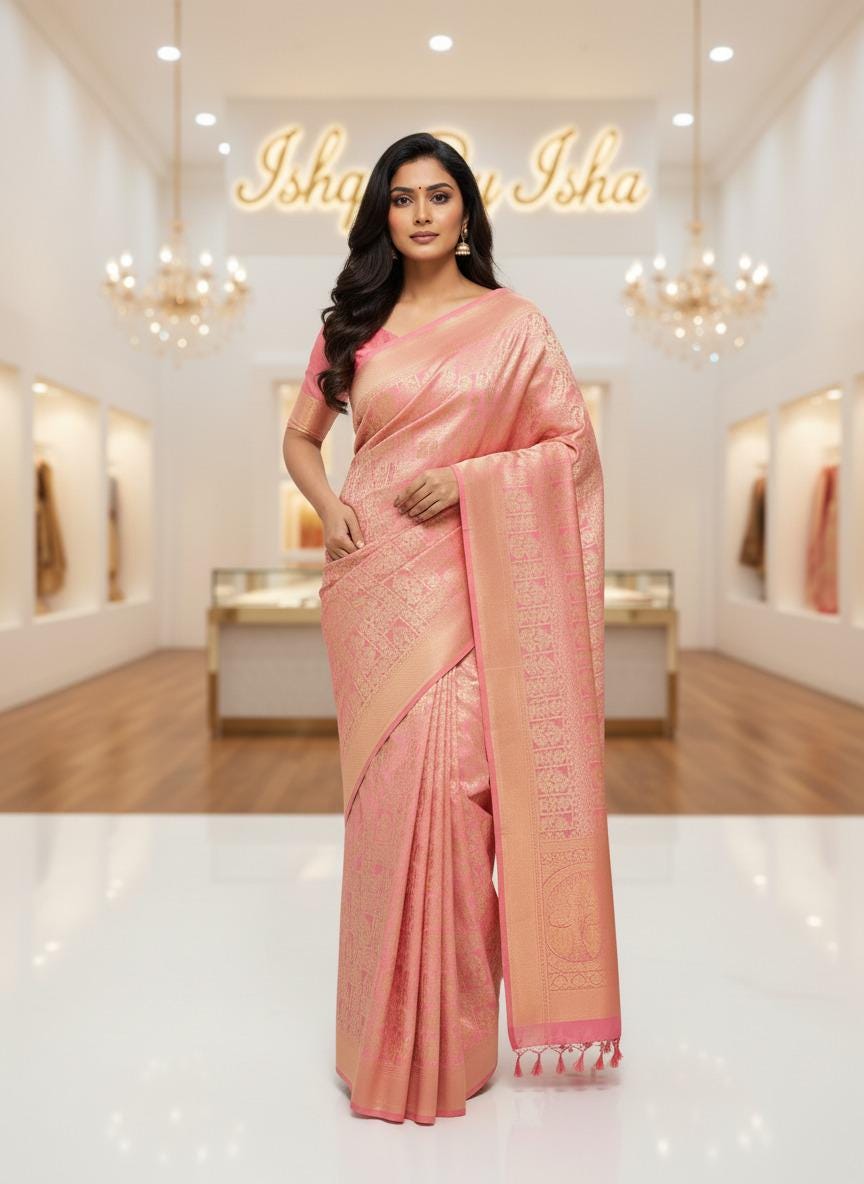 Dazzling Hot peach Pink Banarasi Silk Saree with Golden Zari Border: Elevate Your Elegance