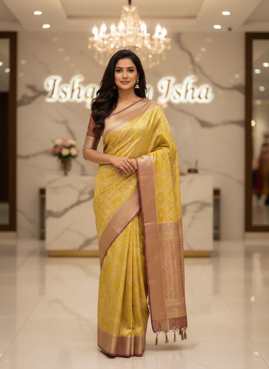 Yellow red Tissue Banarasi Saree – Handwoven Elegance | Ishq by Isha