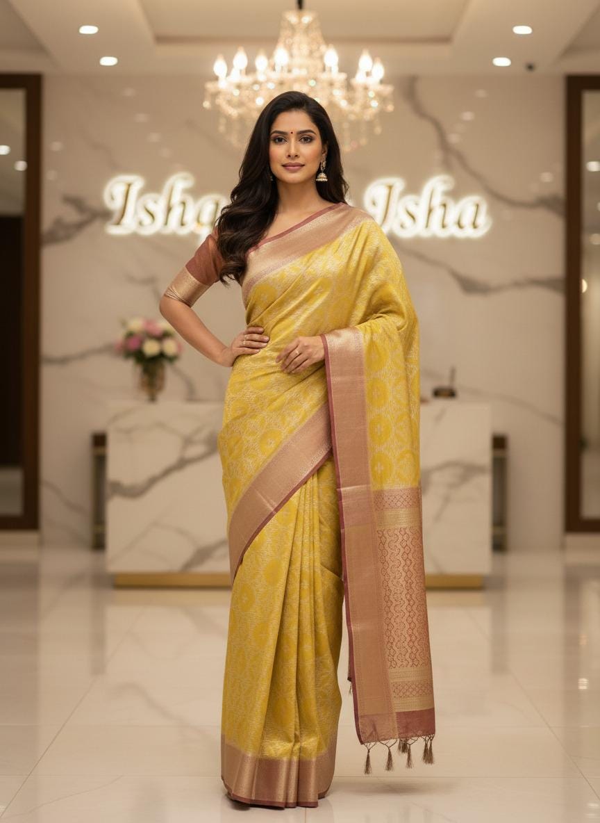 Yellow red Tissue Banarasi Saree – Handwoven Elegance | Ishq by Isha