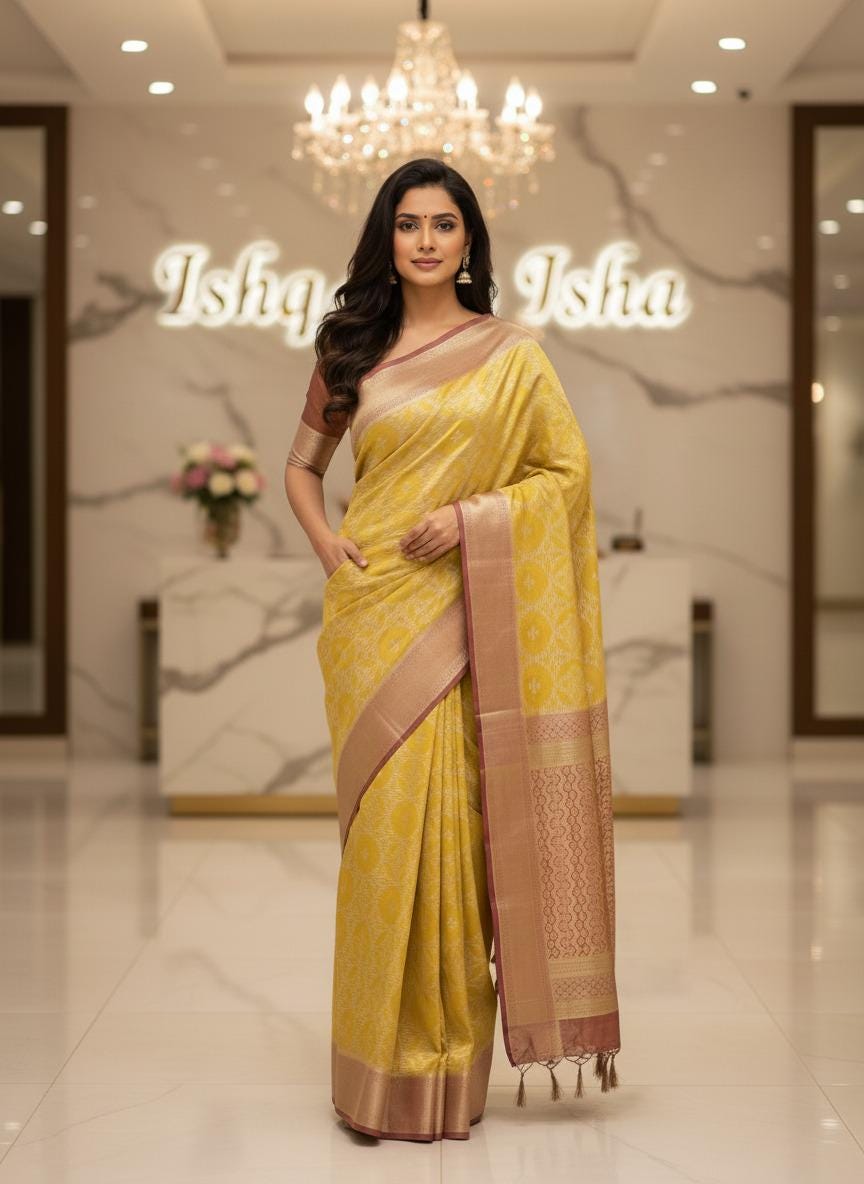Yellow red Tissue Banarasi Saree – Handwoven Elegance | Ishq by Isha