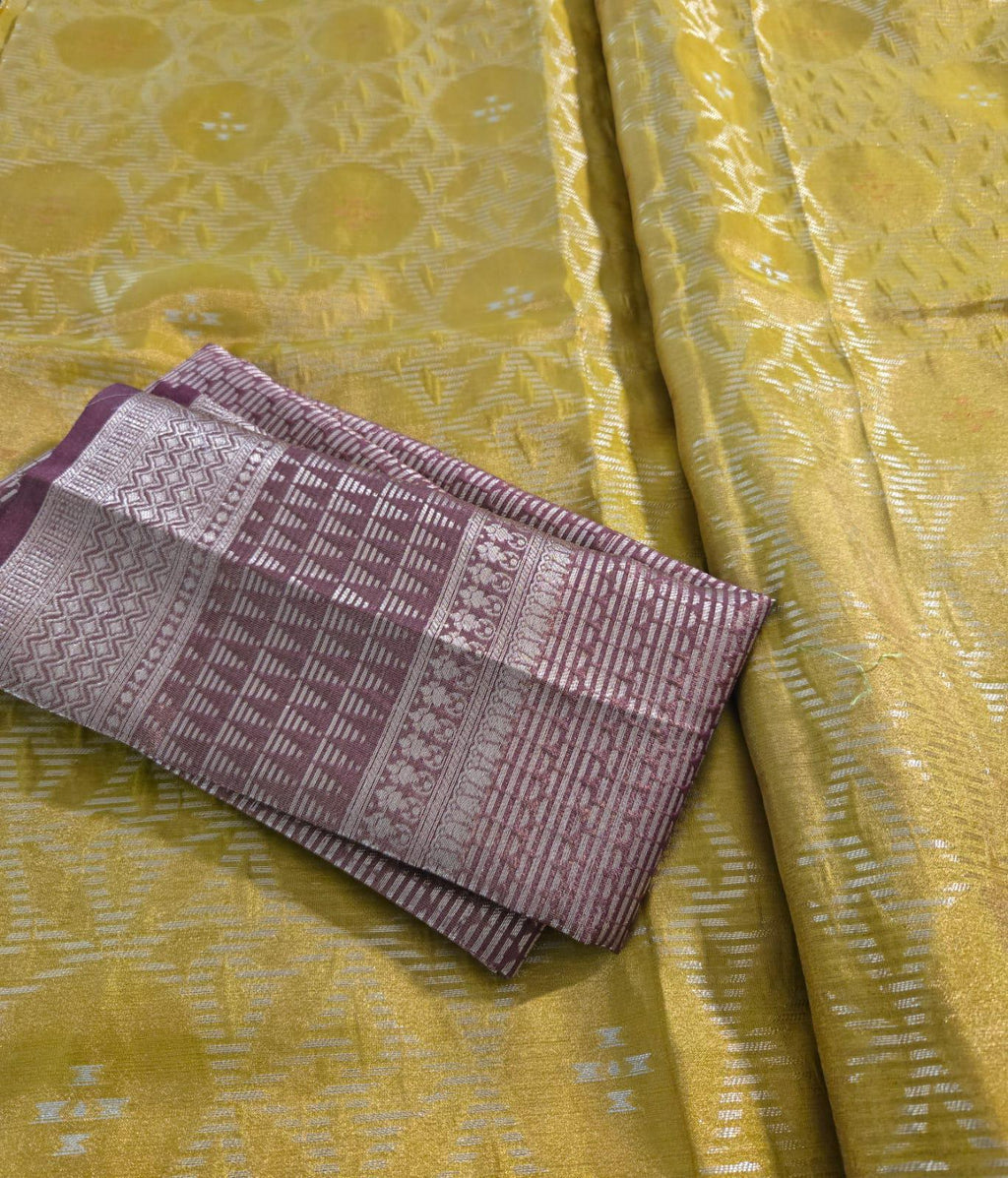 Yellow red Tissue Banarasi Saree – Handwoven Elegance | Ishq by Isha