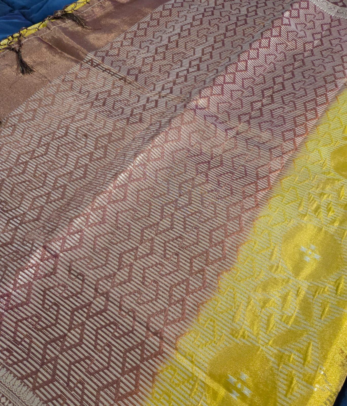 Yellow red Tissue Banarasi Saree – Handwoven Elegance | Ishq by Isha