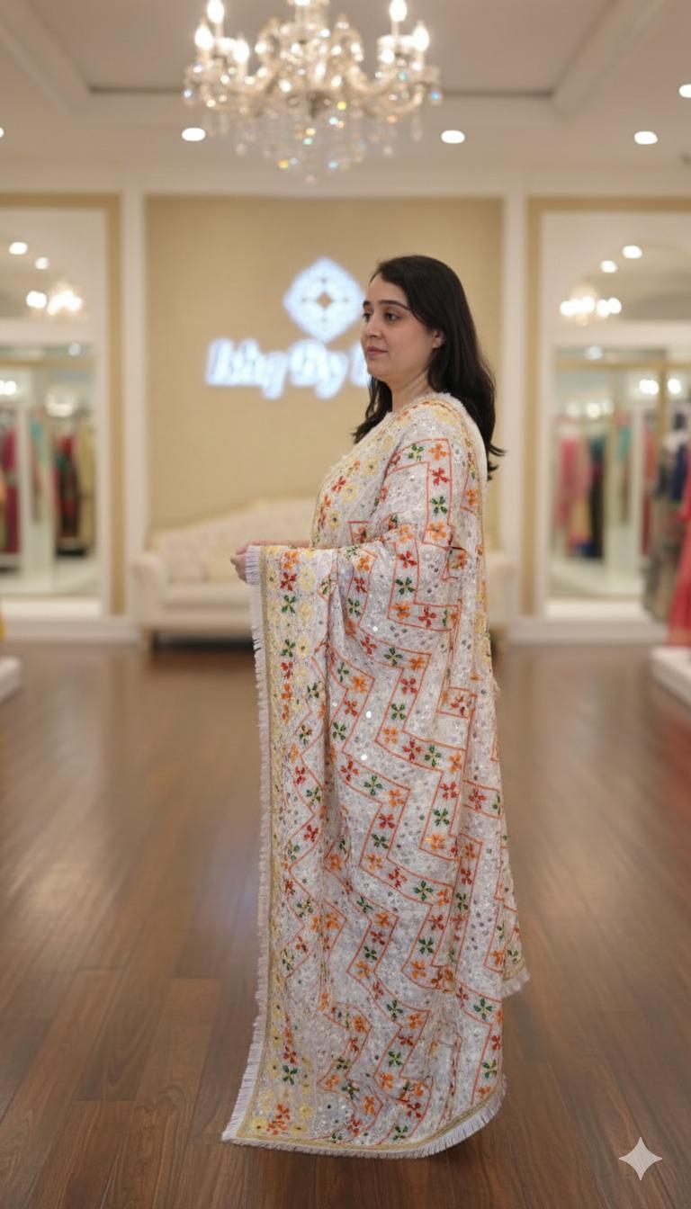 Handmade , Handwoven , Elegant vibrant & Authentic white Multicolour Phulkari Dupatta / Indian Scarf. Hand embroidered .