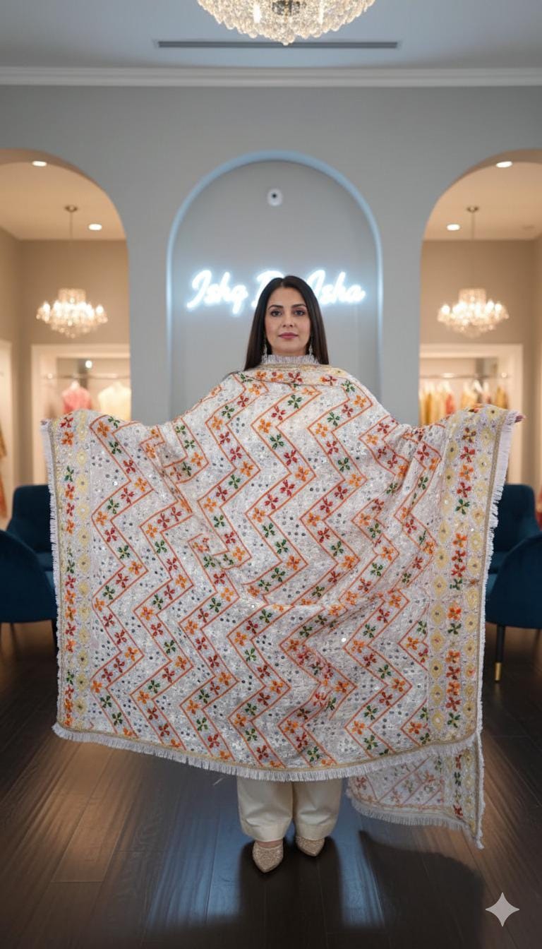 Handmade , Handwoven , Elegant vibrant & Authentic white Multicolour Phulkari Dupatta / Indian Scarf. Hand embroidered .