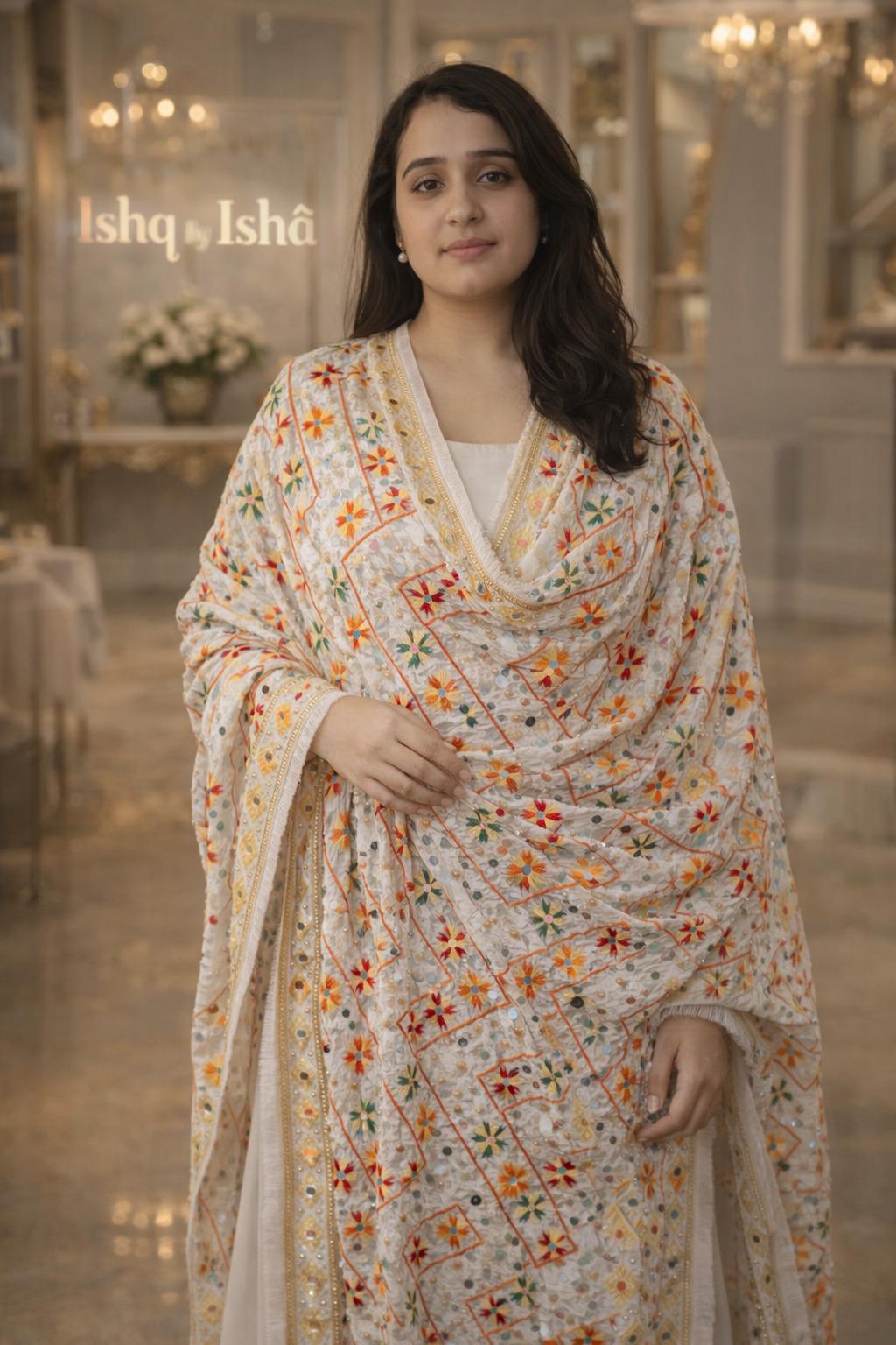 Handmade , Handwoven , Elegant vibrant & Authentic white Multicolour Phulkari Dupatta / Indian Scarf. Hand embroidered .