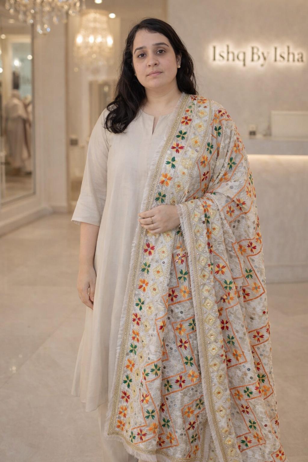 Handmade , Handwoven , Elegant vibrant & Authentic white Multicolour Phulkari Dupatta / Indian Scarf. Hand embroidered .