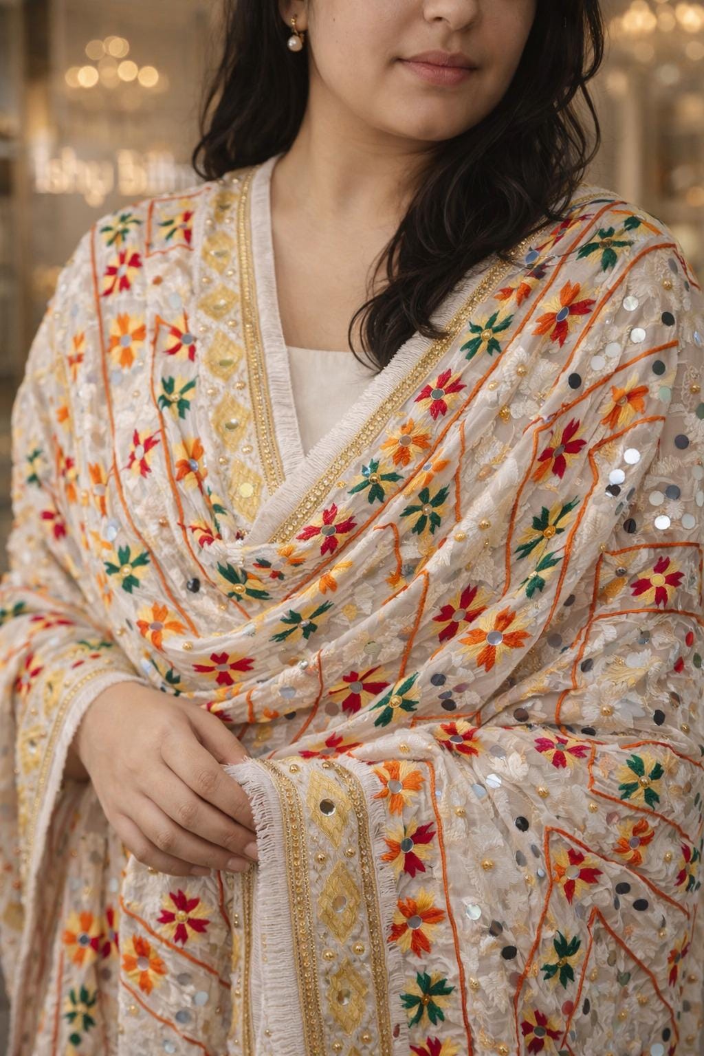 Handmade , Handwoven , Elegant vibrant & Authentic white Multicolour Phulkari Dupatta / Indian Scarf. Hand embroidered .