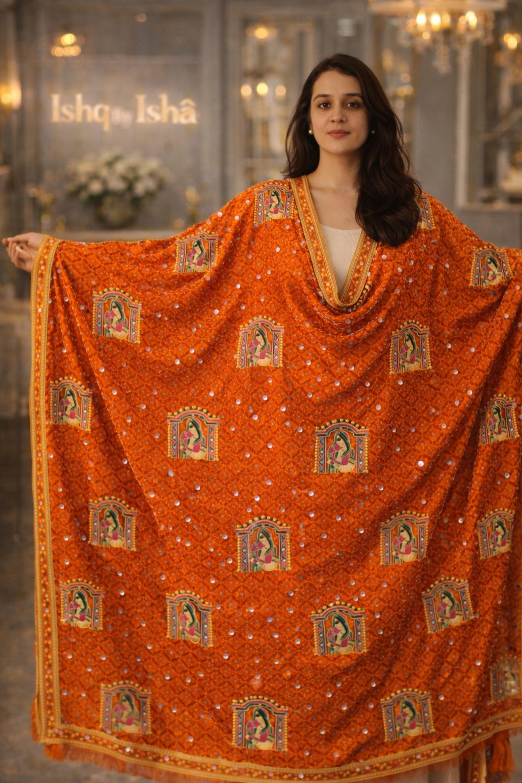 Handmade , Handwoven , Elegant vibrant & Authentic Orange Phulkari Dupatta / Indian Scarf. Hand embroidered .
