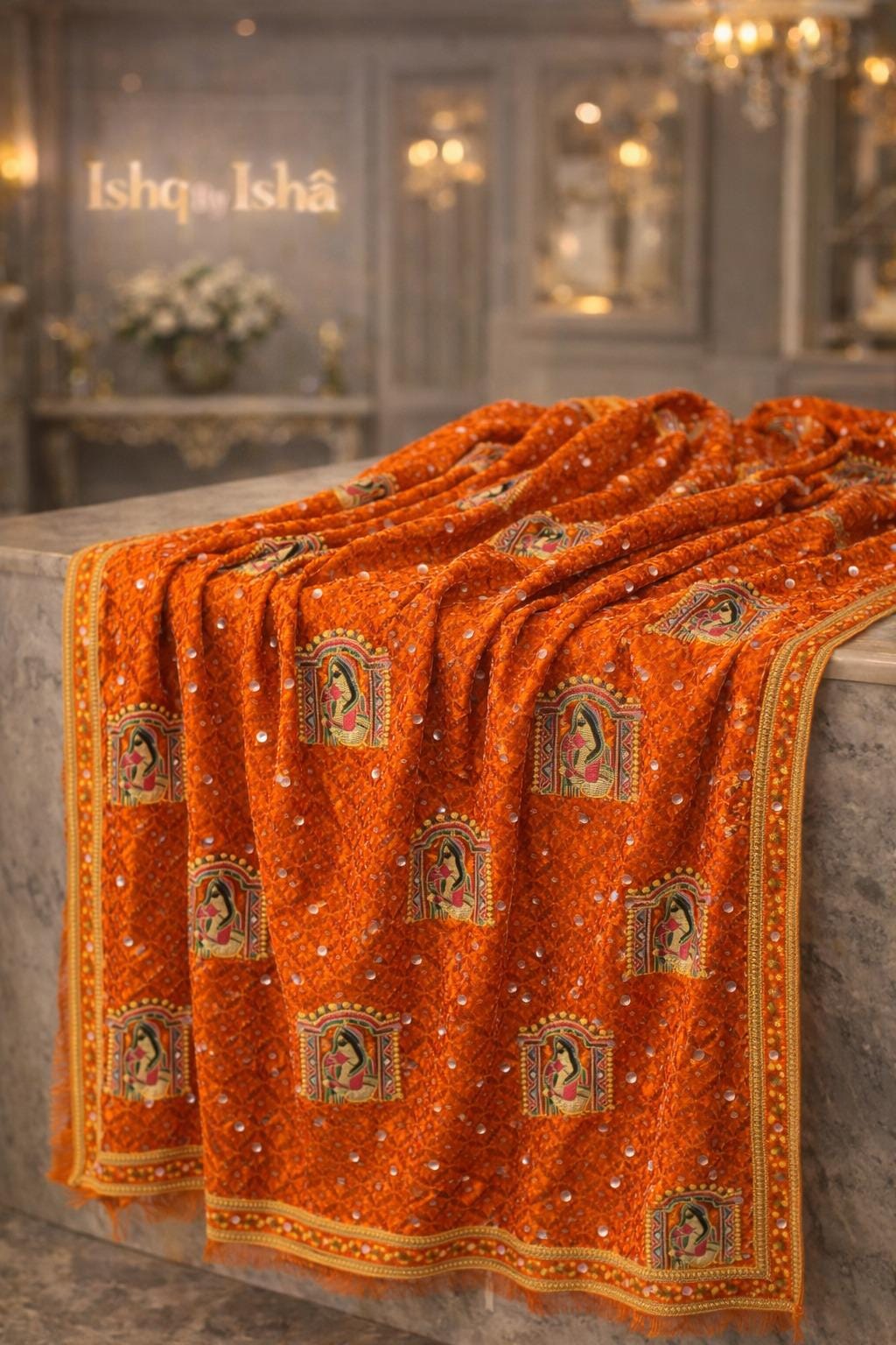 Handmade , Handwoven , Elegant vibrant & Authentic Orange Phulkari Dupatta / Indian Scarf. Hand embroidered .