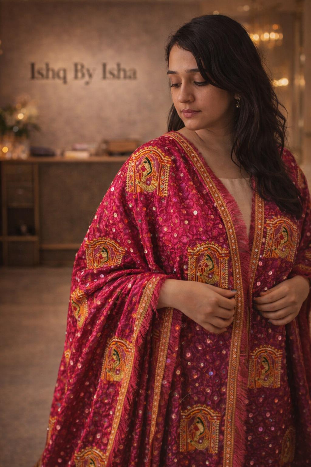 Handmade , Handwoven , Elegant vibrant & Authentic Pink Phulkari Dupatta / Indian Scarf. Hand embroidered .