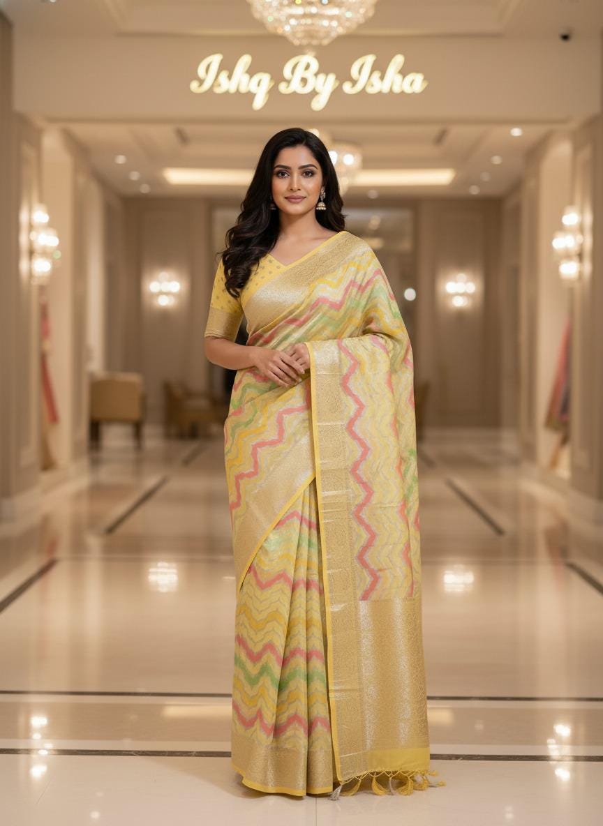 Handmade Khadi Georgette Banarasi Silk Saree - Yellow Green