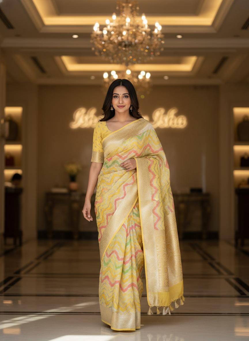 Handmade Khadi Georgette Banarasi Silk Saree - Yellow Green