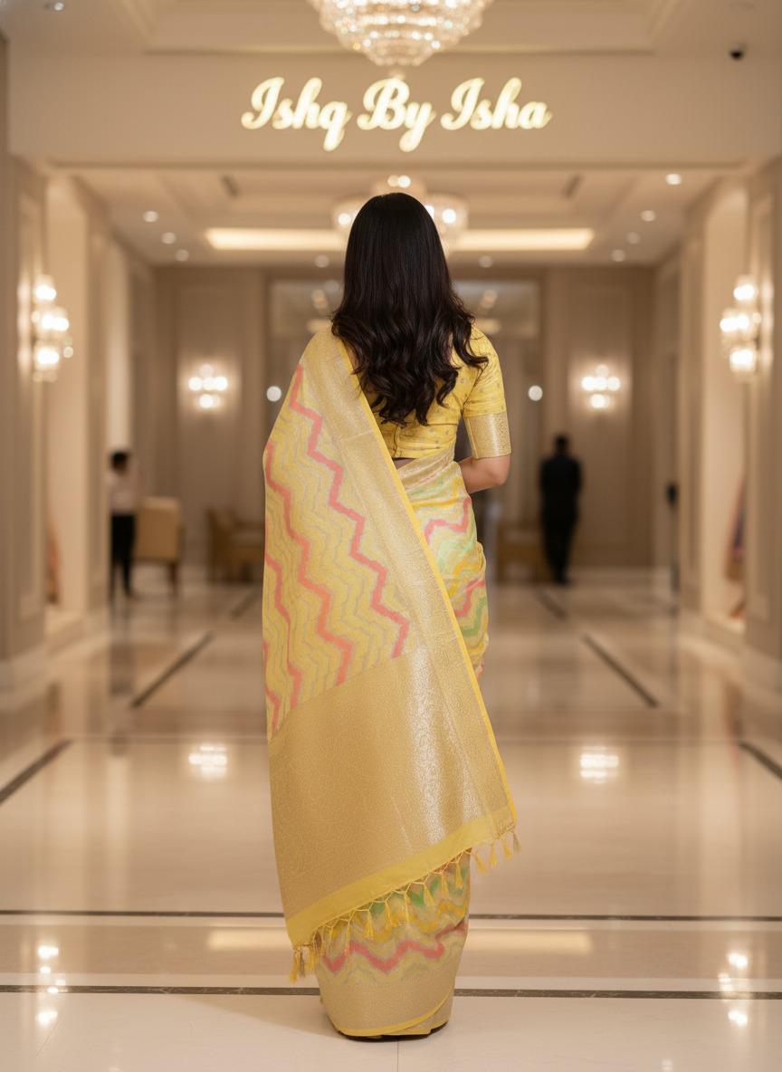 Handmade Khadi Georgette Banarasi Silk Saree - Yellow Green