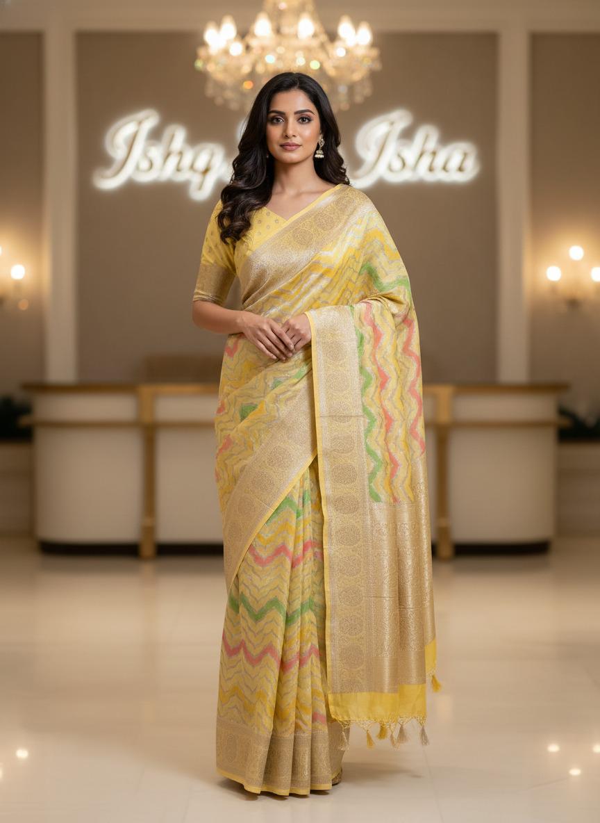 Handmade Khadi Georgette Banarasi Silk Saree - Yellow Green