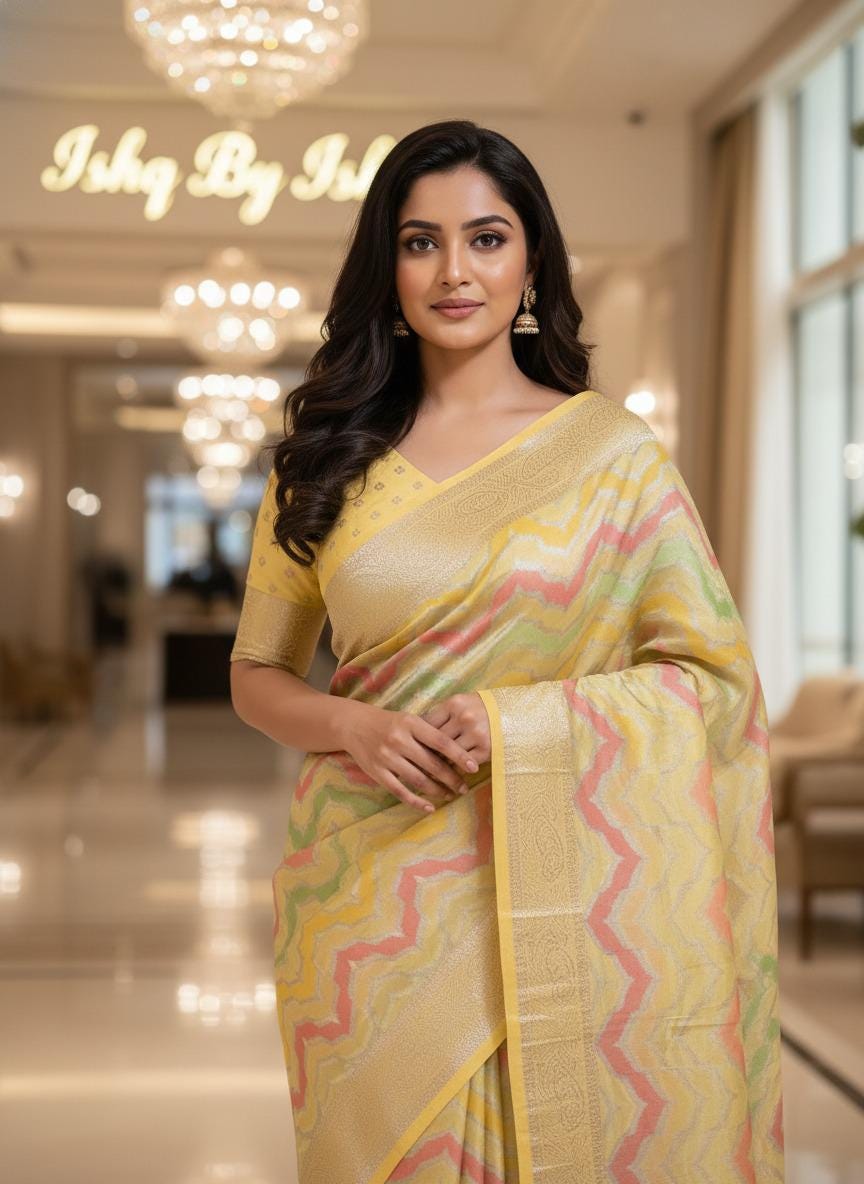 Handmade Khadi Georgette Banarasi Silk Saree - Yellow Green