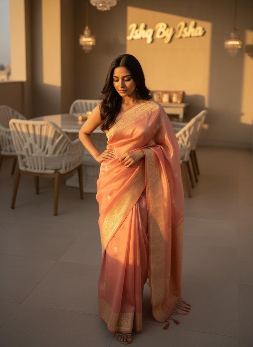 Rusty orange Tissue Banarasi Saree – Handwoven Elegance | Ishq by Isha