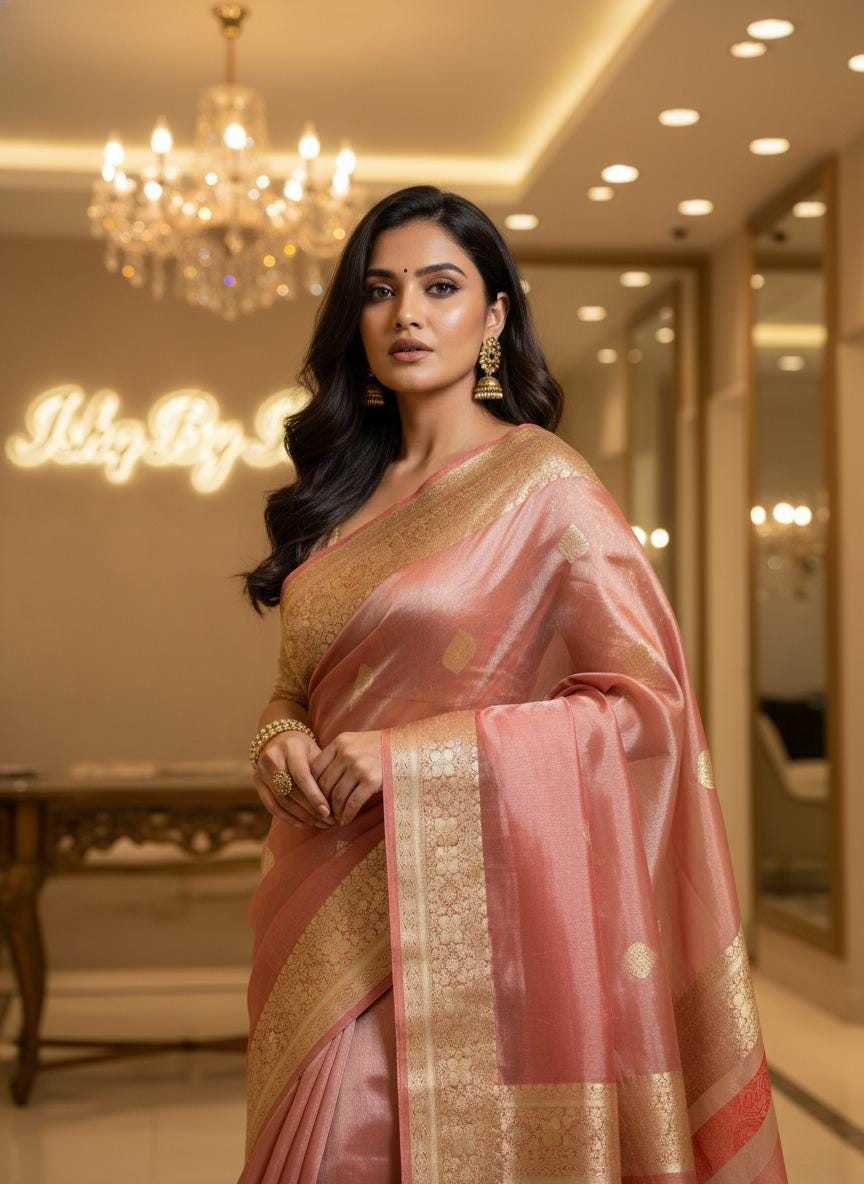 Rusty orange Tissue Banarasi Saree – Handwoven Elegance | Ishq by Isha