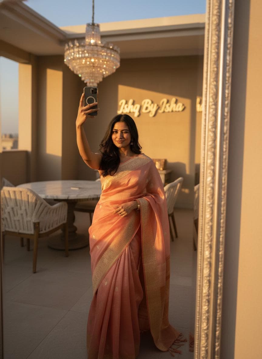 Rusty orange Tissue Banarasi Saree – Handwoven Elegance | Ishq by Isha