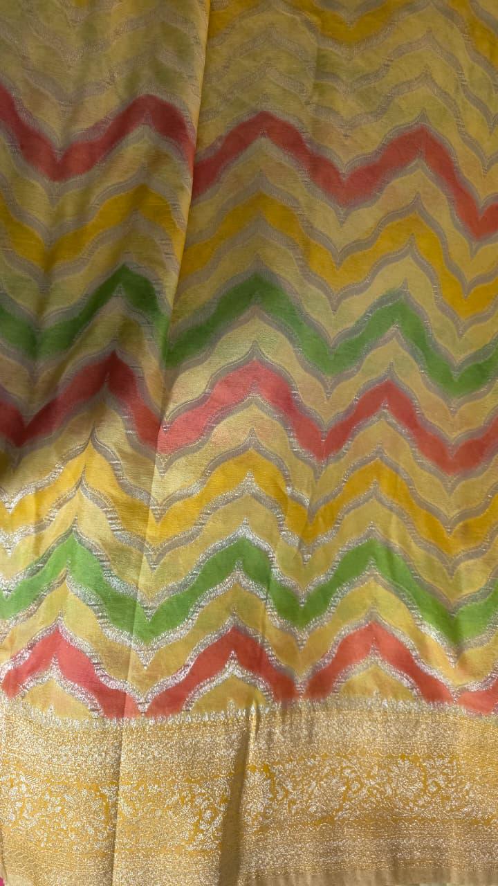 Handmade Khadi Georgette Banarasi Silk Saree - Yellow Green