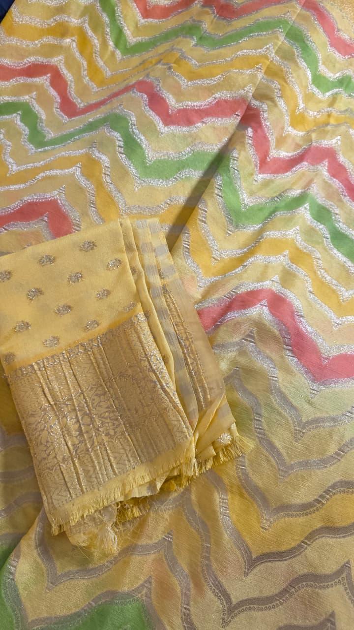 Handmade Khadi Georgette Banarasi Silk Saree - Yellow Green
