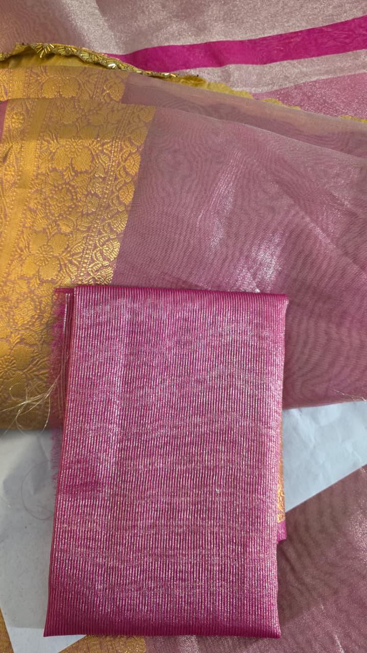 Pink golden Tissue Banarasi Saree – Handwoven Elegance | Ishq by Isha