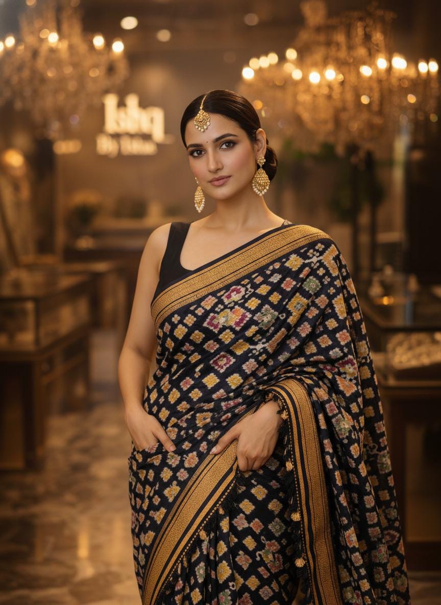 Exquisite Black patola Banarasi Saree Handwoven Elegance. Fall and Pico done