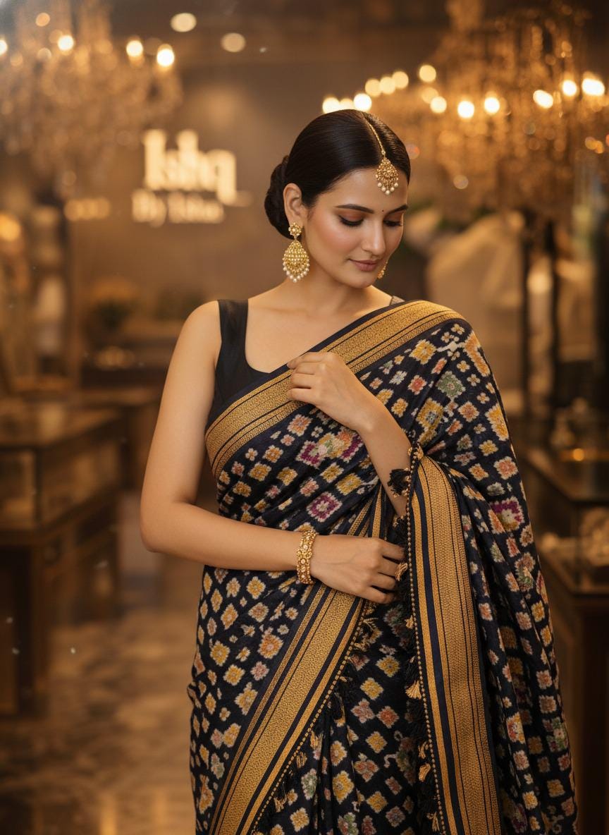 Exquisite Black patola Banarasi Saree Handwoven Elegance. Fall and Pico done