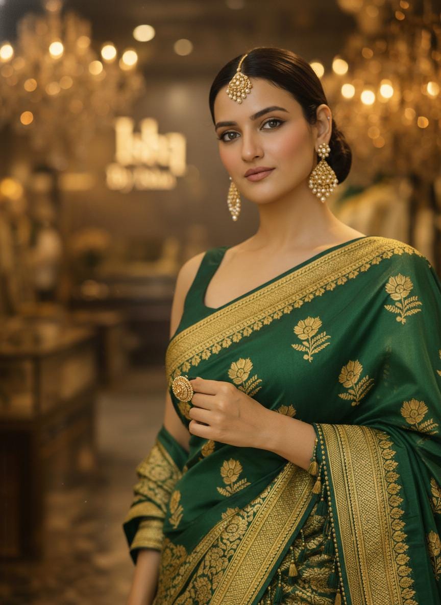 Exquisite green Silk Banarasi Saree Handwoven Elegance. Fall and Pico done