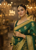 Exquisite green Silk Banarasi Saree Handwoven Elegance. Fall and Pico done